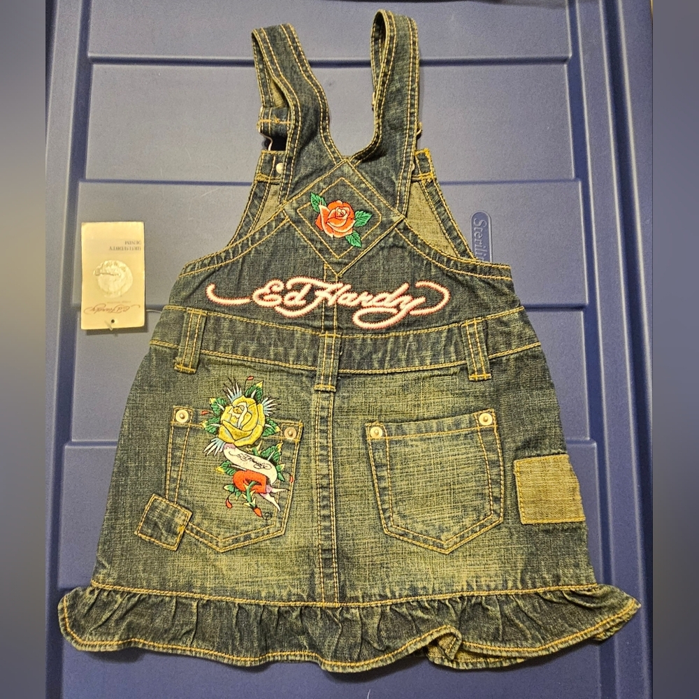 NWT Ed Hardy Toddler Denim Overall Dress with Embroidery - Picture 6 of 6
